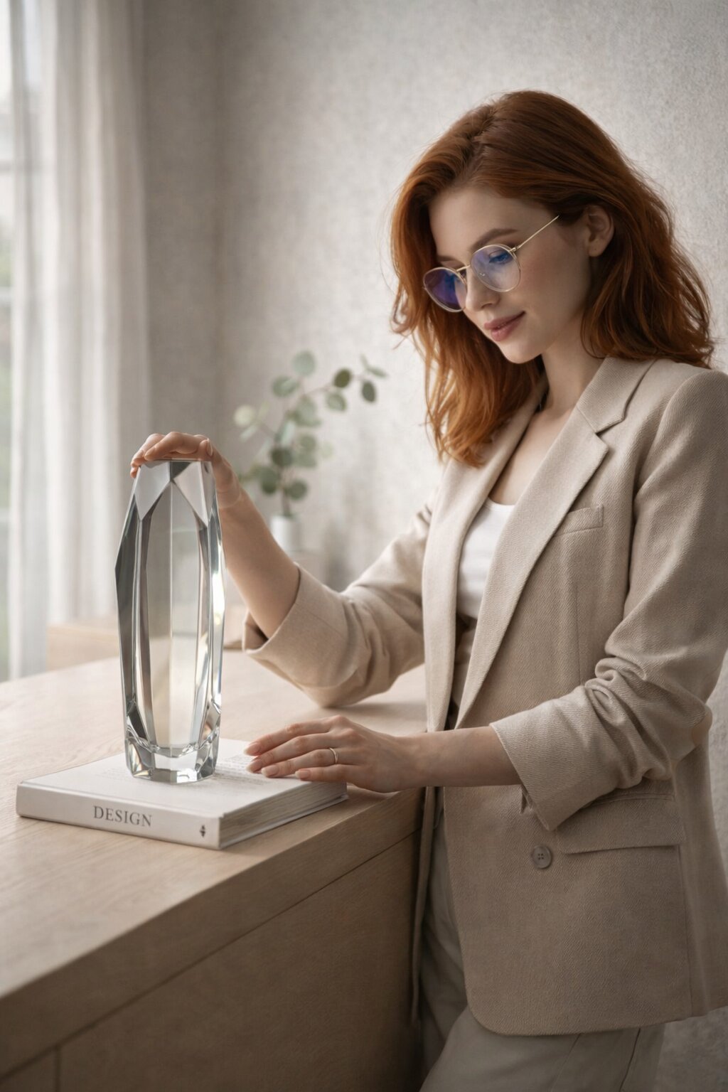 дизайнерская стеклянная ваза в современном интерьере — крупный план